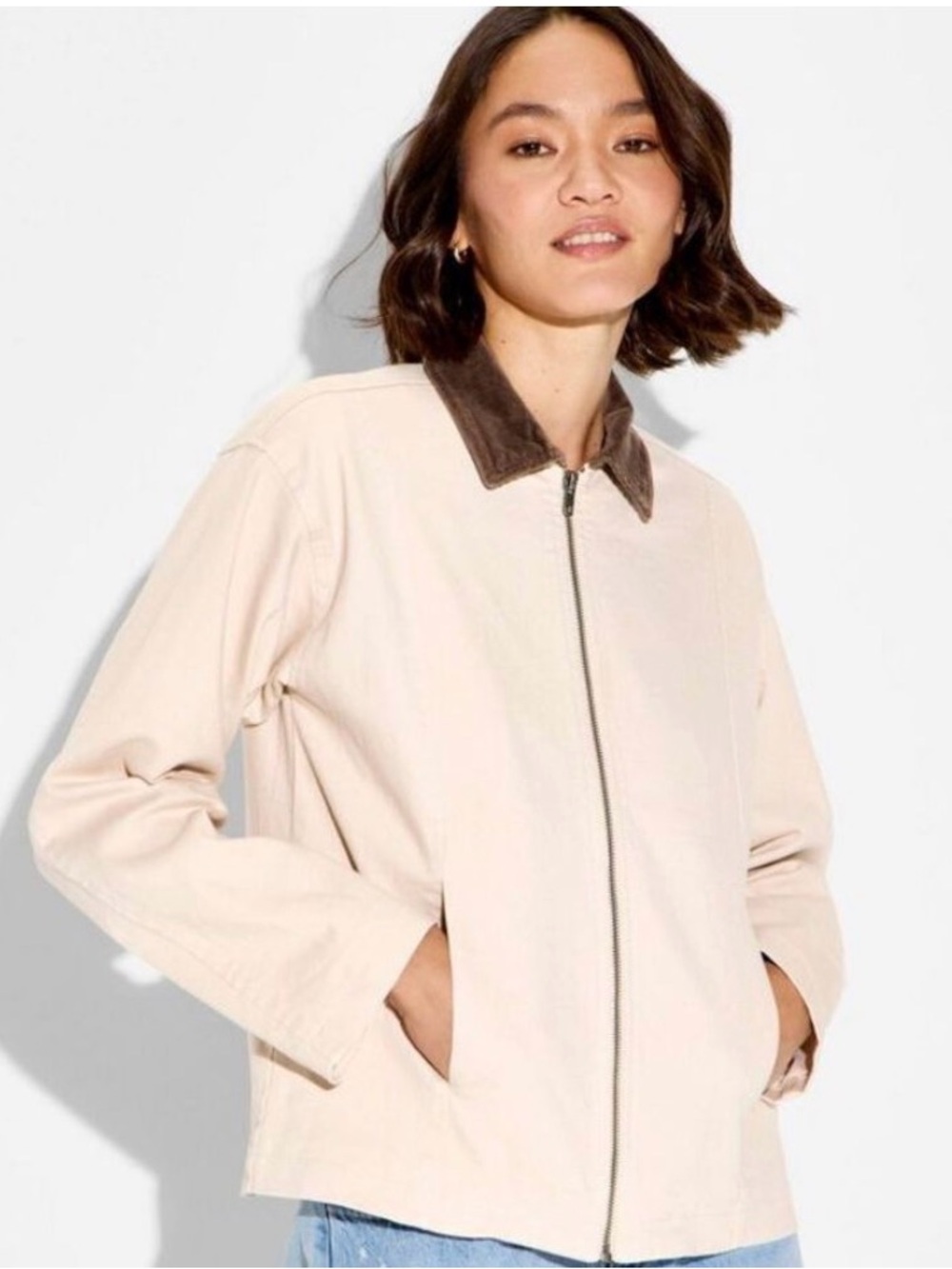 Wild Fable Large 90’s Twill Barn Field Tan Contrast Collar Zip Front Jacket